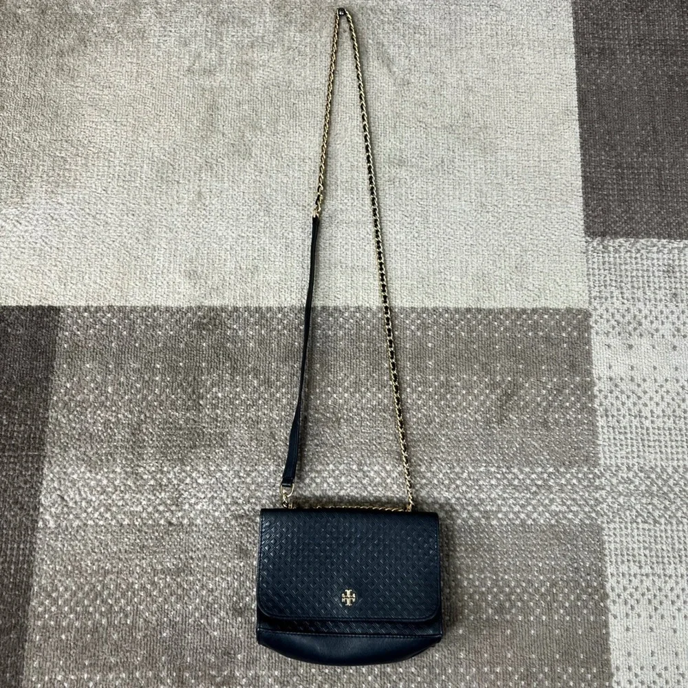Tory‎ Burch Black Embossed Leather Crossbody Bag Gold Chain Strap Women